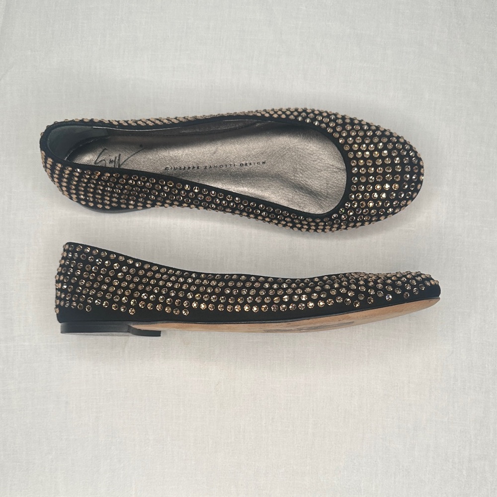Giuseppe Zanotti Black Suede and Champaign Gold Crystal Flats